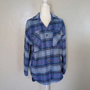 SO Womens Small Blue‎ Plaid Flannel Shirt Jacket Shacket Oversized